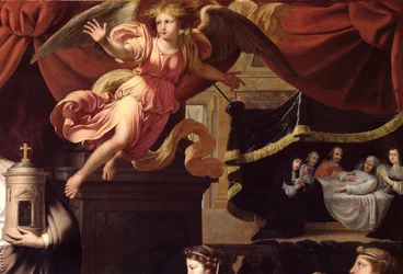Ex-voto till Ludvig XIV:s sjukdom (1638-1715) i Calais, juli 1658, detalj av en ängel och Ludvig i sin dödsbädd